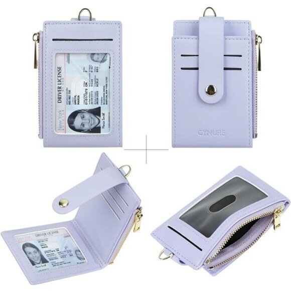 RFID blocking leather card holder slim zipper keychain wallet with ID window - Picture 3 of 8
